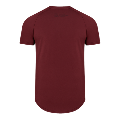 Maroon t-shirt with text on the back against a white background