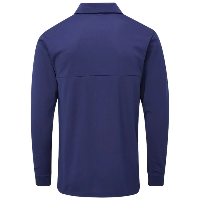 A navy long-sleeved polo shirt is displayed with a traditional collar and a seamless back design, showcasing a simple and understated style suitable for casual or semi-formal settings.