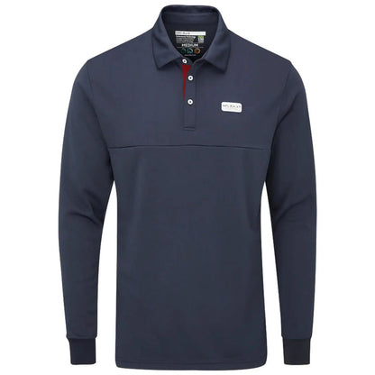 A long-sleeve navy polo shirt featuring a solid color design and a small logo on the chest area, suitable for casual or semi-formal wear in various environments.