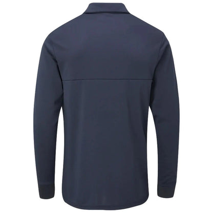 A long-sleeve navy polo shirt is displayed with its back facing the viewer showcasing a simple design and a smooth fabric texture. The shirt has a traditional collar and cuffed sleeves.
