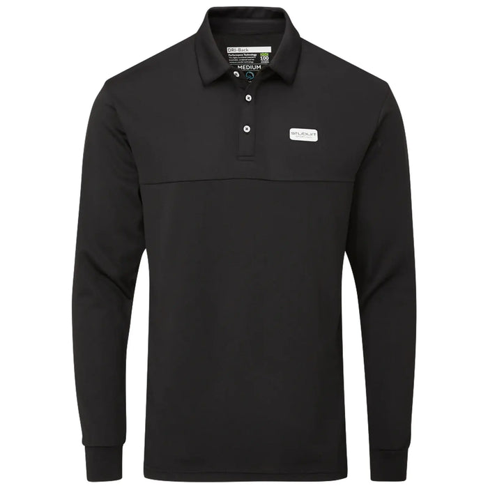 A black long-sleeve polo shirt with a collar and three buttons is displayed against a plain background showcasing its simple design and a small logo on the chest area