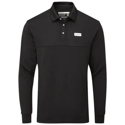 A black long-sleeve polo shirt with a collar and three buttons is displayed against a plain background showcasing its simple design and a small logo on the chest area