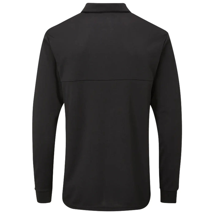 A long-sleeved black polo shirt is displayed with the back view facing the observer resting against a neutral background suggesting a casual or athletic context.
