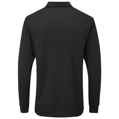 A long-sleeved black polo shirt is displayed with the back view facing the observer resting against a neutral background suggesting a casual or athletic context.