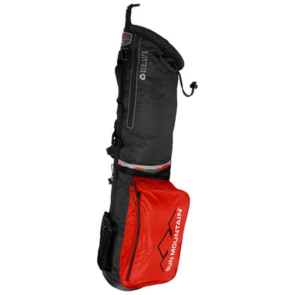 A black and red golf travel bag stands upright with a padded top and a side compartment for storage showcasing the brand name Sun Mountain providing protection for golf clubs during transport.