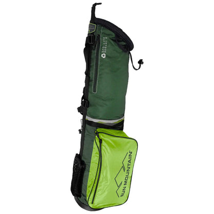 A tall green golf bag is standing upright featuring a side pocket in bright green with a logo and a reflective strip along the side positioned against a plain background.