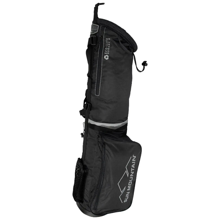 A sleek black golf bag stands upright featuring a main compartment for clubs a side pocket for accessories and reflective strips for visibility in outdoor settings.