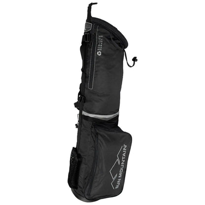 A sleek black golf bag stands upright featuring a main compartment for clubs a side pocket for accessories and reflective strips for visibility in outdoor settings.