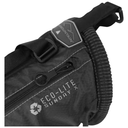 A black lightweight bag with a zipper is positioned against a neutral background showcasing logo and text Eco-Lite Sunday X alongside a recycling symbol indicating eco-friendliness.