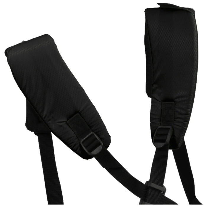 Black padded shoulder straps designed for comfort and support are positioned upright with adjustable buckles attached to webbing straps in a neutral background setting.
