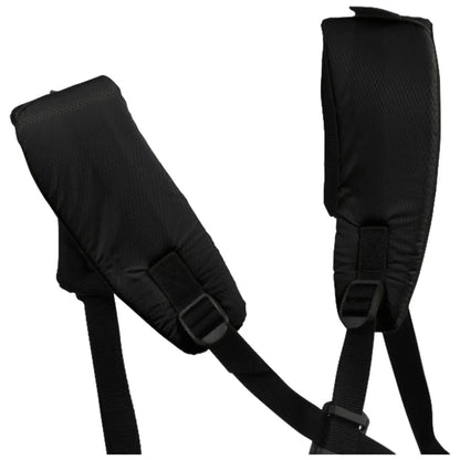 Black padded shoulder straps designed for comfort and support are positioned upright with adjustable buckles attached to webbing straps in a neutral background setting.