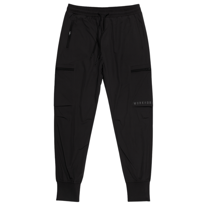 Black jogger pants with a brand logo on a white background