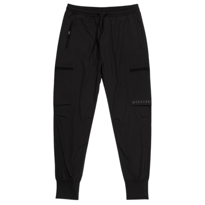 Black jogger pants with a brand logo on a white background