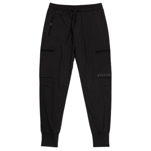 Black jogger pants with a brand logo on a white background