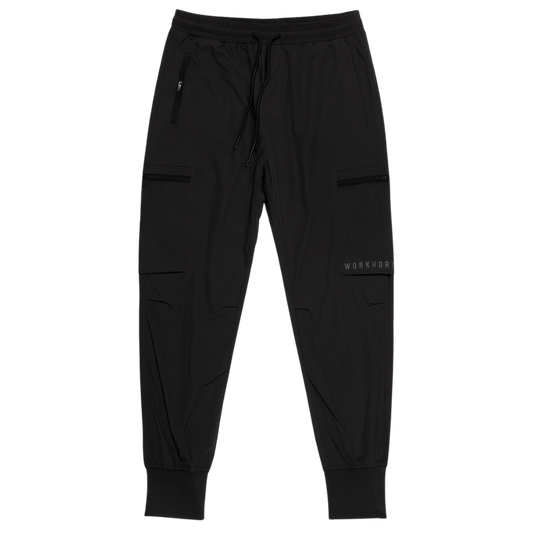 Black jogger pants with a brand logo on a white background