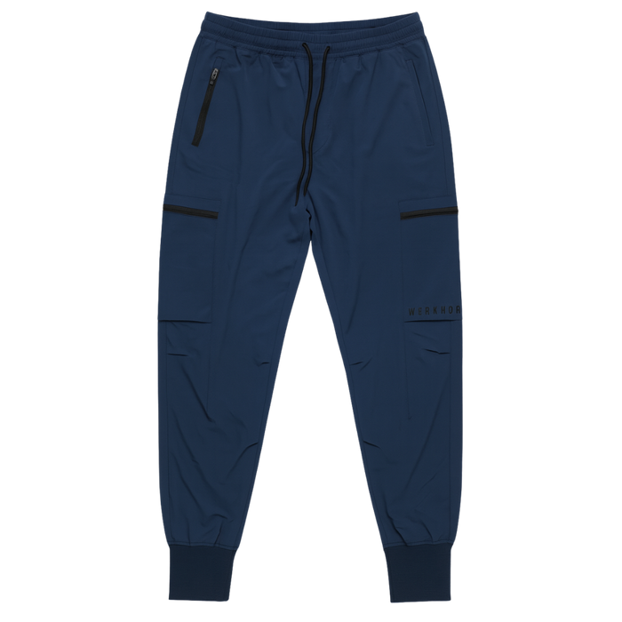 Navy blue jogger pants with zippers on a white background