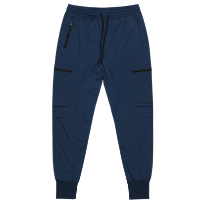 Navy blue jogger pants with zippers on a white background