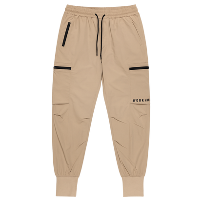 Beige jogger pants with black accents on a white background