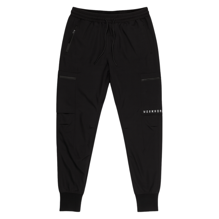 Black jogger pants with a brand logo on a white background