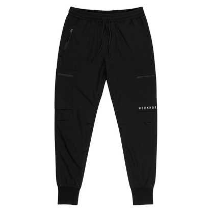 Black jogger pants with a brand logo on a white background