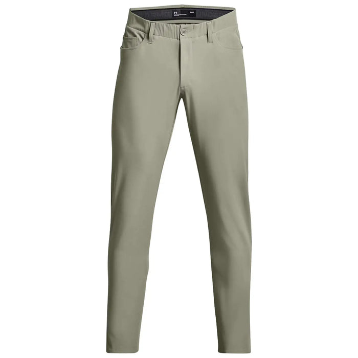Light green pants are displayed upright with a smooth fabric texture. They feature five pockets and a standard button closure, set against a neutral background.