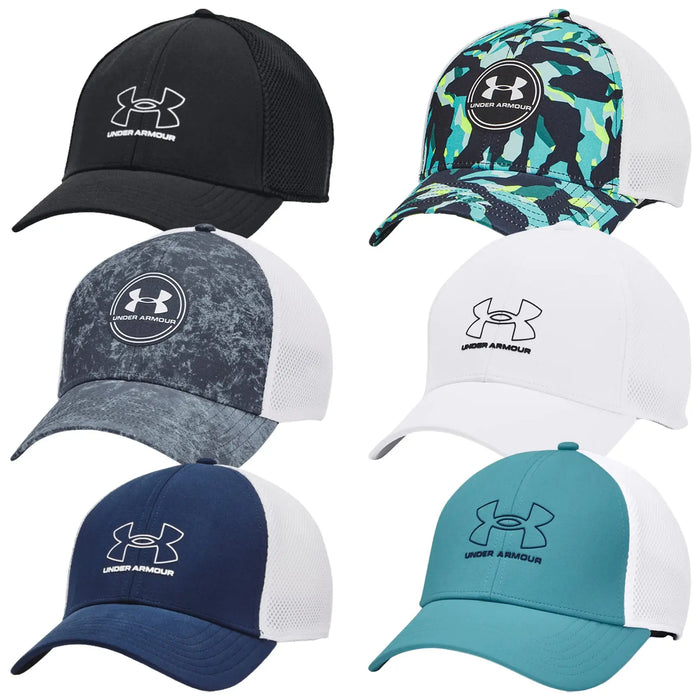 A white mesh-cap with a colorful, patterned brim faces downwards in a neutral setting showcasing its design and material texture with a visible logo on the back.