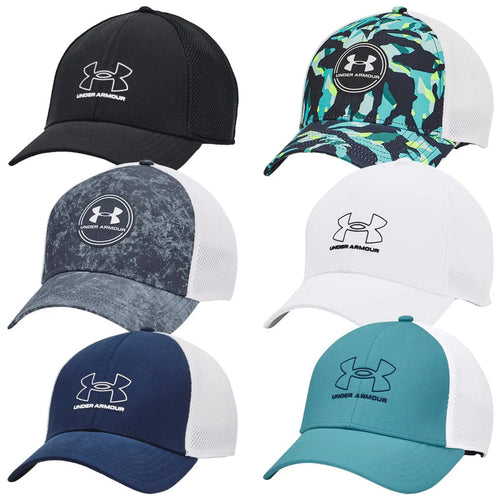 A white mesh-cap with a colorful, patterned brim faces downwards in a neutral setting showcasing its design and material texture with a visible logo on the back.