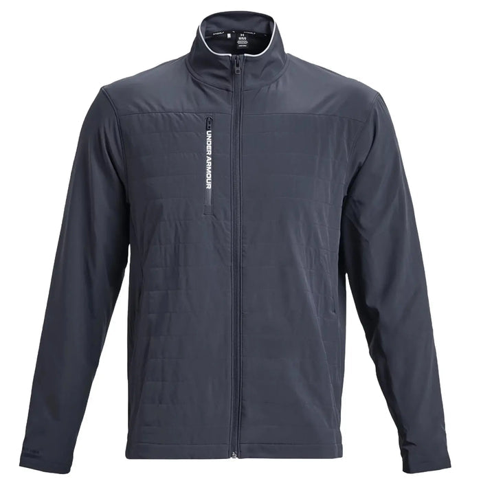A dark gray zip-up jacket is displayed with a high collar and long sleeves featuring quilted sections on the front and the Under Armour logo on the side.
