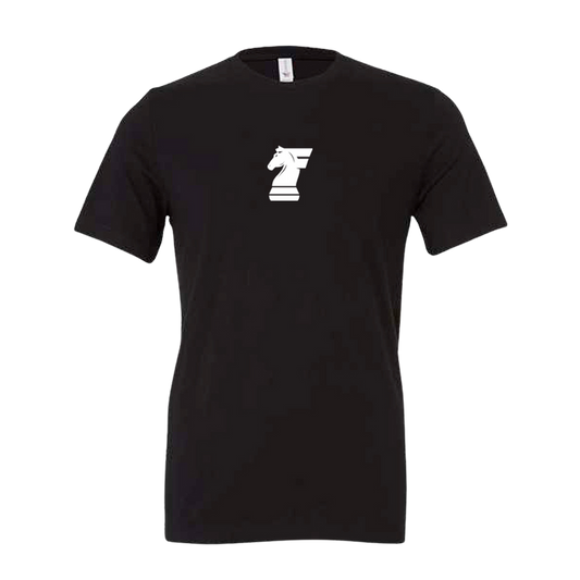 Black t-shirt with a white logo on a white background