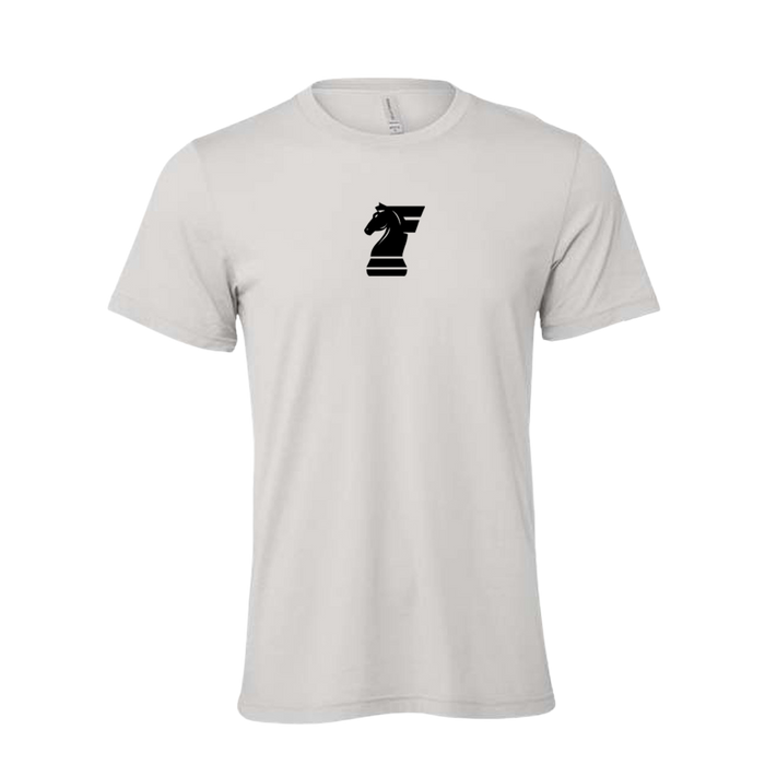 White t-shirt with a black logo on a white background