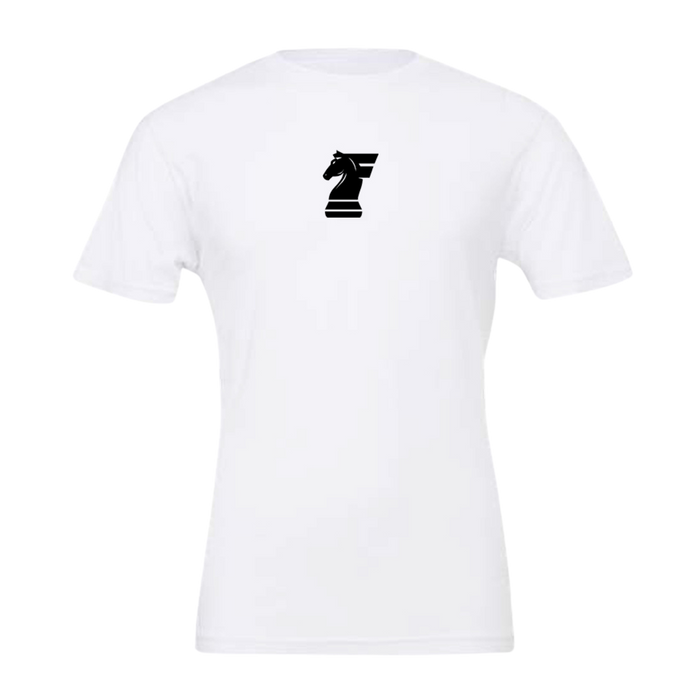 White t-shirt with a black graphic on a white background
