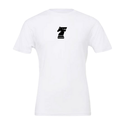 White t-shirt with a black graphic on a white background