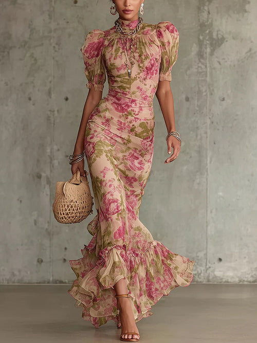 Margaret ∙ Long dress with vintage rose print and puff sleeves 0