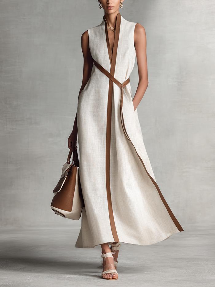 Maxi Dress Sleeveless with V-Neck and Tie Waist for Women 0