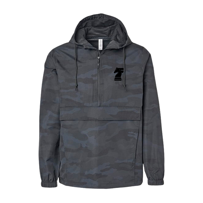 Gray camouflage jacket with a logo on a white background