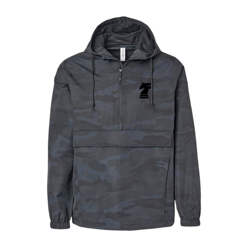 Gray camouflage jacket with a logo on a white background