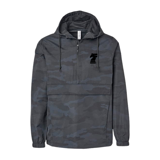 Gray camouflage jacket with a logo on a white background