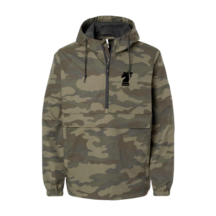 Camouflage jacket with a brand logo on a white background