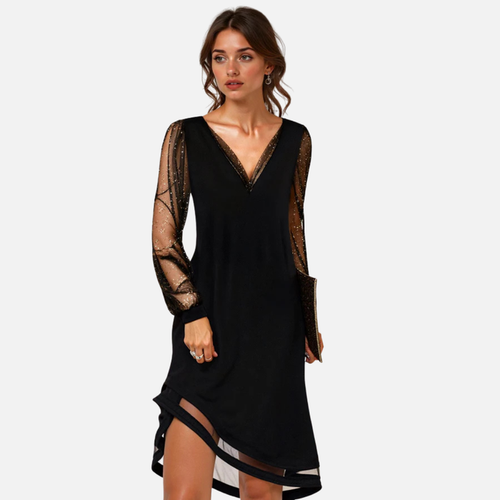 Women's Black V Neck Mesh Sleeve Dress Asymmetric Hem