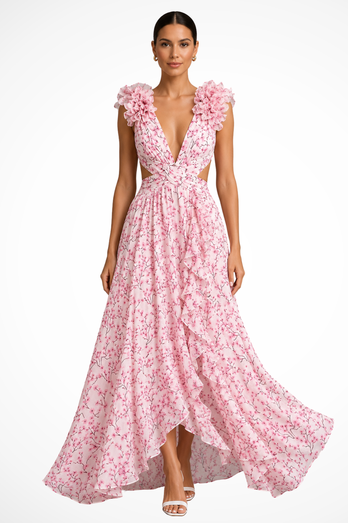 Floral Wedding Guest Maxi Dress with V-Neck and Ruffles for Women 0
