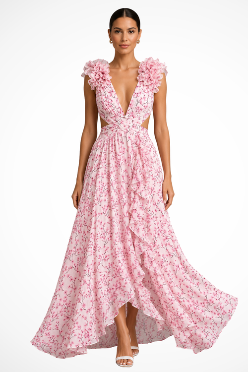Floral Wedding Guest Maxi Dress with V-Neck and Ruffles for Women 0