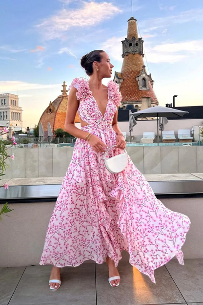 Floral Wedding Guest Maxi Dress with V-Neck and Ruffles for Women 1