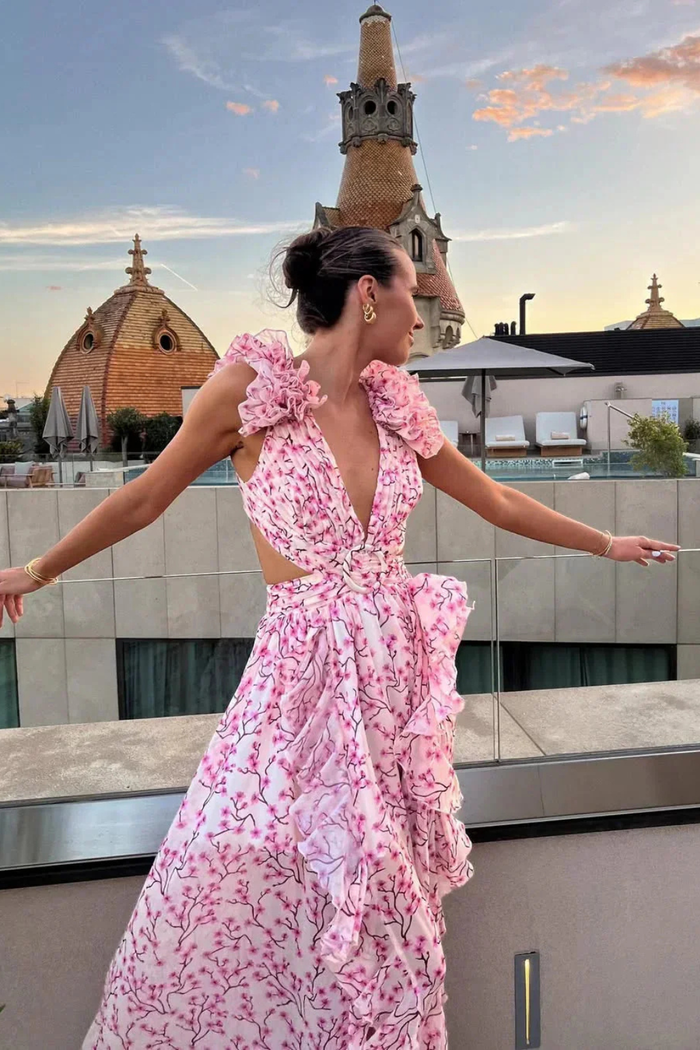 Floral Wedding Guest Maxi Dress with V-Neck and Ruffles for Women 2