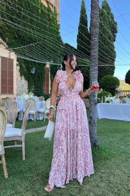 Floral Wedding Guest Maxi Dress with V-Neck and Ruffles for Women 3