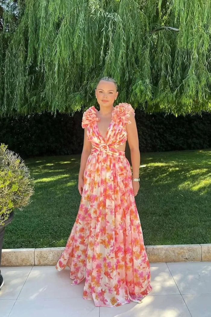 Floral Wedding Guest Maxi Dress with V-Neck and Ruffles for Women 6