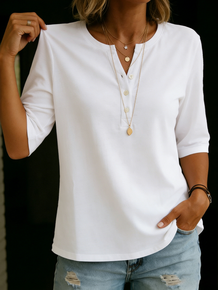 Women's Henley Neck T-shirt, 100% Cotton – Casual Short-Sleeve Top 2