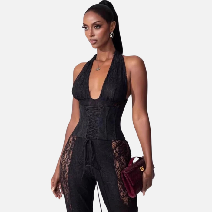 Women's Lace Halter Jumpsuit - Corset Style Sheer Panel Evening Suit