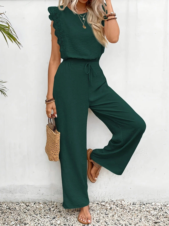Women's Two-Piece Set – Short-Sleeved Lace Top and High-Waisted Wide-Leg Pants 2