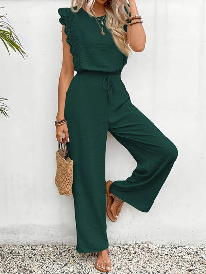 Women's Two-Piece Set – Short-Sleeved Lace Top and High-Waisted Wide-Leg Pants 2