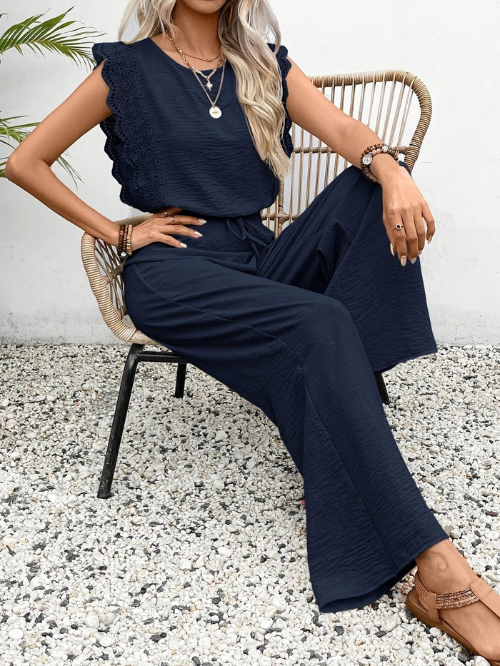 Women's Two-Piece Set – Short-Sleeved Lace Top and High-Waisted Wide-Leg Pants 5